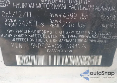 2012 Hyundai Sonata Limited z USA, uszkodzony, nr VIN 5NPEC4AC8CH394674